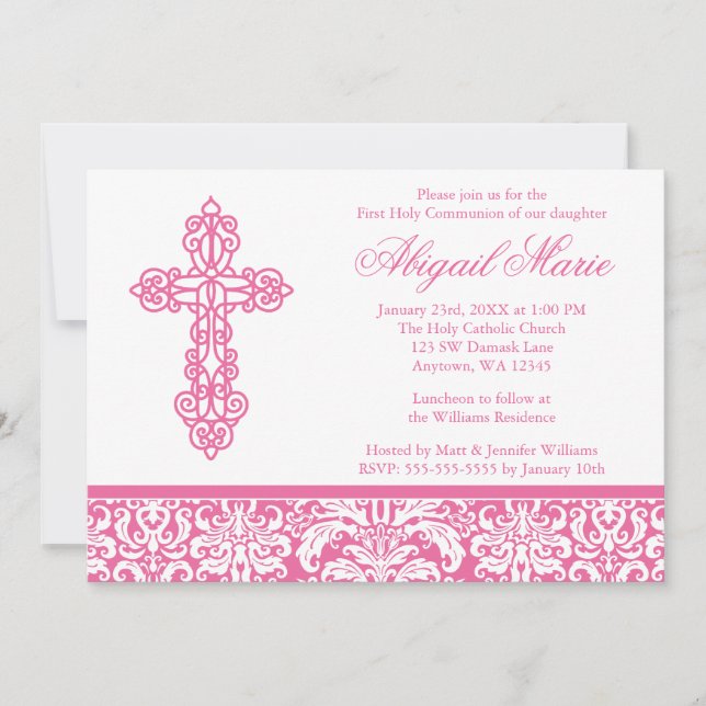 Pink Ornate Cross Damask Girl First Holy Communion Invitation (Front)