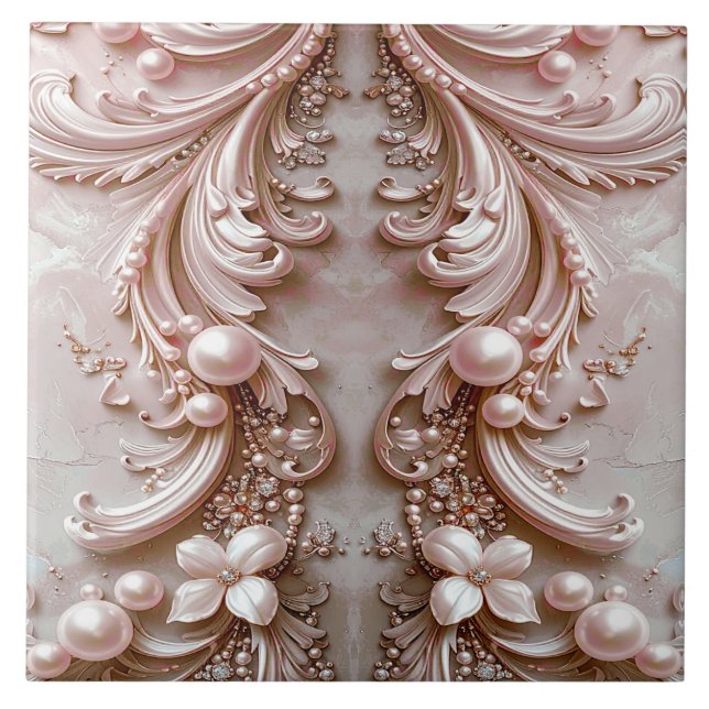 Pink Ornate Pearl and Floral Ceramic Tile (Front)