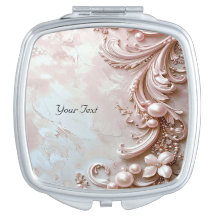 Pink Ornate Pearl and Floral Compact Mirror