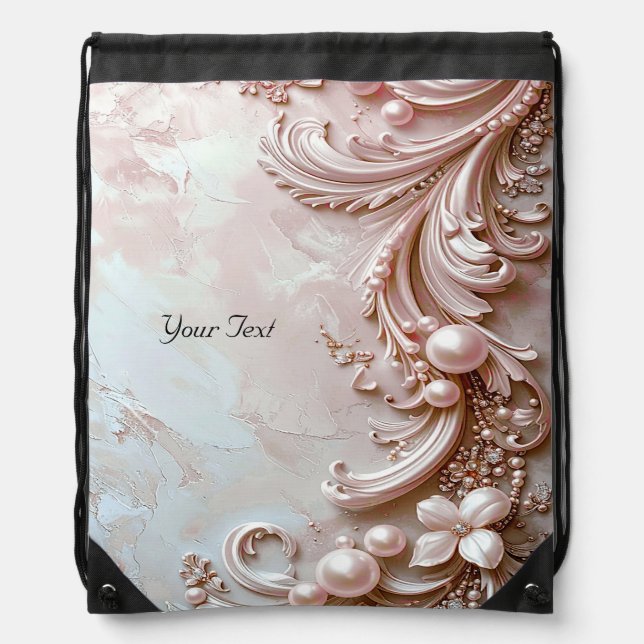 Pink Ornate Pearl and Floral Drawstring Backpack (Front)
