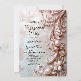 Pink Ornate Pearl and Floral Engagement Invitation