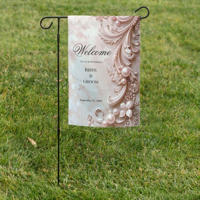 Pink Ornate Pearl and Floral Garden Flag (In SItu)