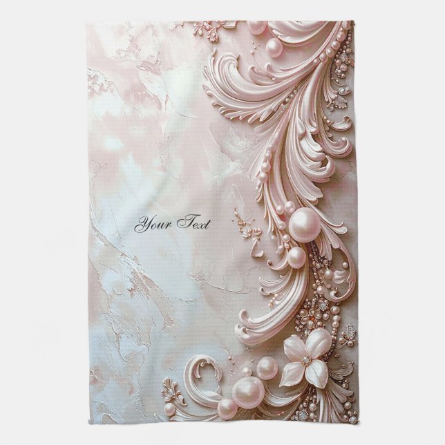 Pink Ornate Pearl and Floral Kitchen Towel (Vertical)