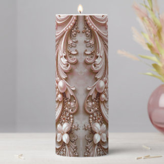 Pink Ornate Pearl and Floral Pillar Candle