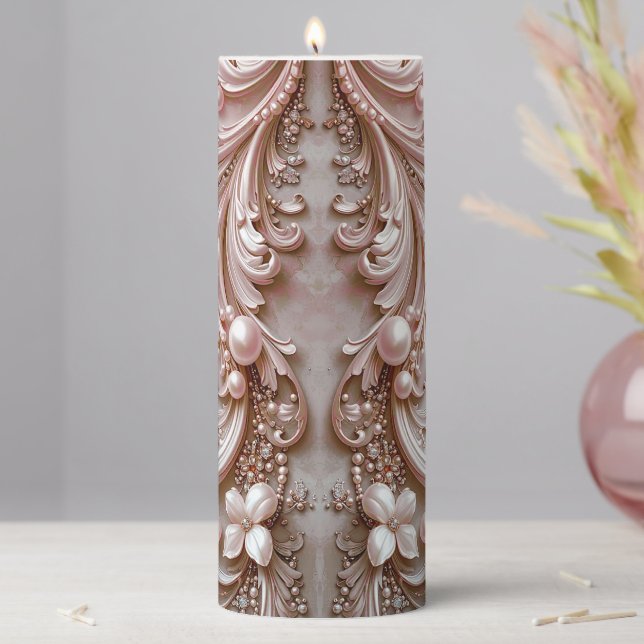 Pink Ornate Pearl and Floral Pillar Candle (In Situ)