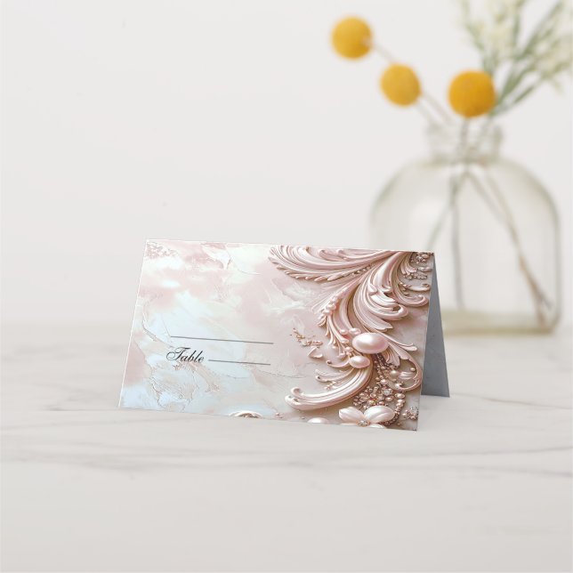 Pink Ornate Pearl and Floral Place Card (Front)