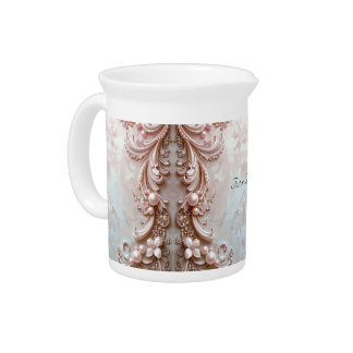 Pink Ornate Pearl and Floral Porcelain Pitcher