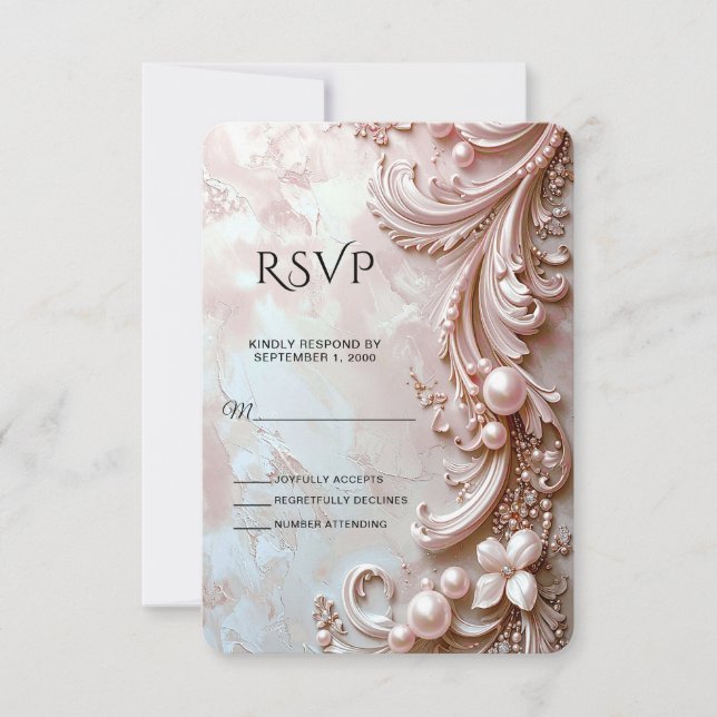 Pink Ornate Pearl and Floral RSVP Card (Front)