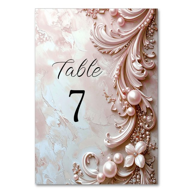 Pink Ornate Pearl and Floral Table Number (Front)
