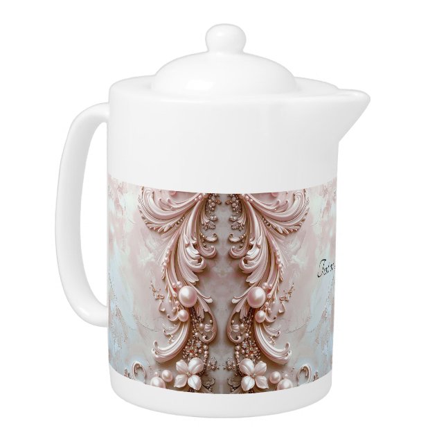 Pink Ornate Pearl and Floral Teapot (Left)