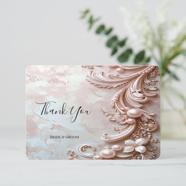 Pink Ornate Pearl and Floral Thank You Card (Standing Front)
