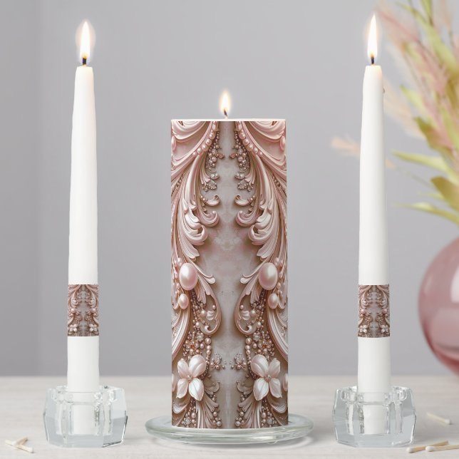 Pink Ornate Pearl and Floral Unity Candle Set (In Situ)