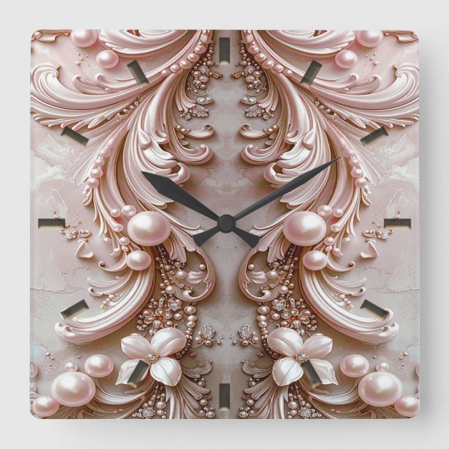 Pink Ornate Pearl and Floral Wall Clock (Front)