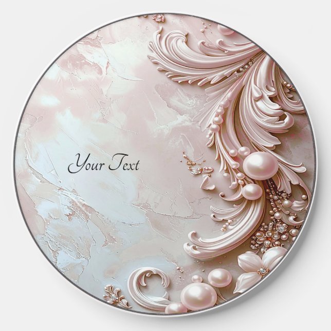 Pink Ornate Pearl and Floral Wireless Charger (Front)