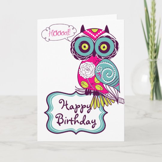 Pink Ornate Retro Floral Owl Happy Birthday Card | Zazzle.com