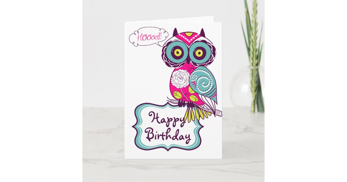 Pink Ornate Retro Floral Owl Happy Birthday Card | Zazzle.com