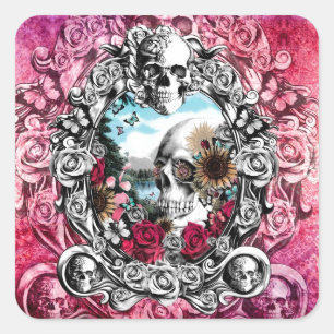 Pink Ornate skull landscape Square Sticker