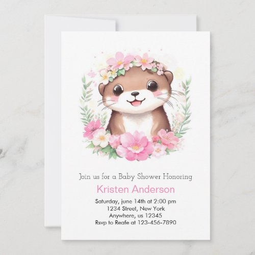 Pink Otter Adventure Whimsical Girl Baby Shower Invitation