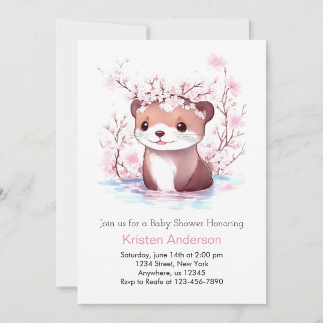 Pink Otter Whimsical Wildflower Girl Baby Shower Invitation (Front)