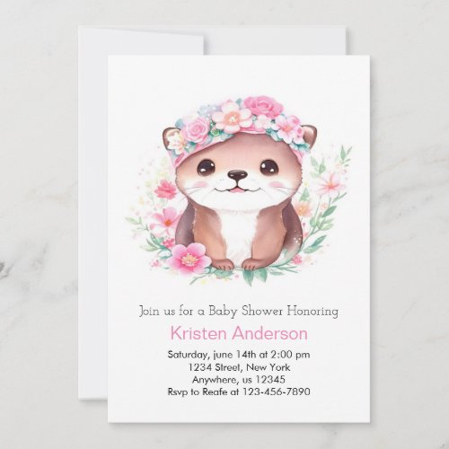 Pink Otter Wildflower Whimsical Girl Baby Shower Invitation