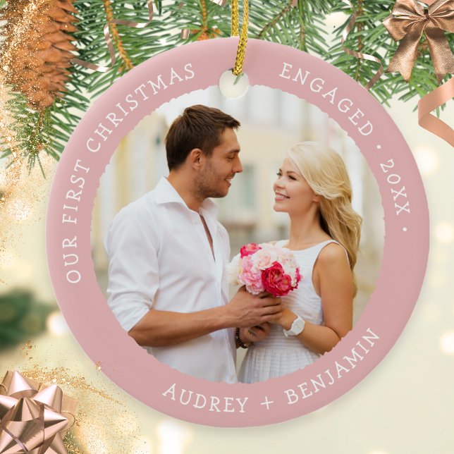 Pink Our First Christmas Engaged Custom Photo Ceramic Ornament (Creator Uploaded)