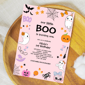 Pink Our Little Boo Halloween 1st Birthday Invitation