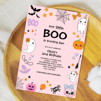 Pink Our Little Boo Halloween 2nd Birthday Invitation