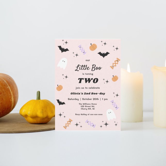 Pink Our Little Boo Halloween 2nd Birthday Invitation