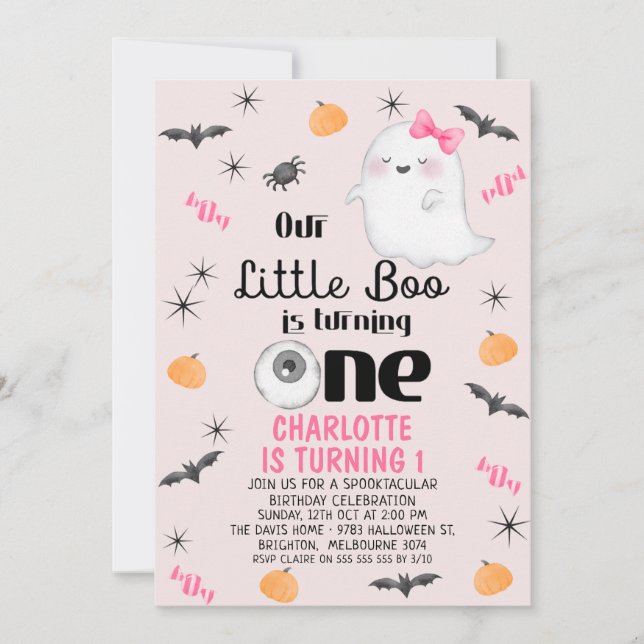 Pink Our Little Boo One Halloween 1st Birthday Invitation (Front)