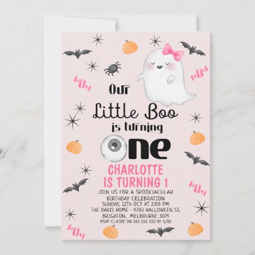 Pink Our Little Boo One Halloween 1st Birthday Invitation