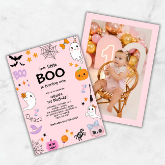 Pink Our Little Boo Photo Halloween 1st Birthday Invitation