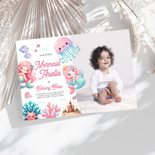 Pink Our Little Mermaid Girl Birthday Party  Invitation
