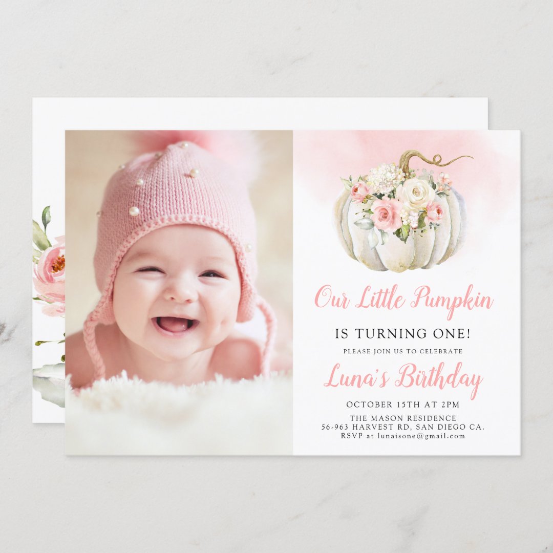 Pink Our little Pumpkin 1st Birthday Photo Invitation | Zazzle