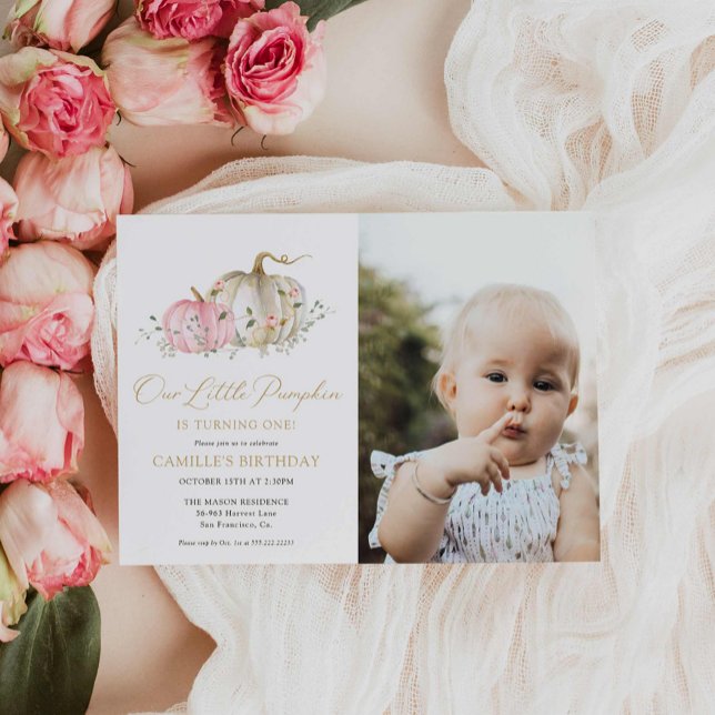 Pink Our Little Pumpkin 1st Birthday Photo Invitation (Our little pumpkin first birthday photo invitation)