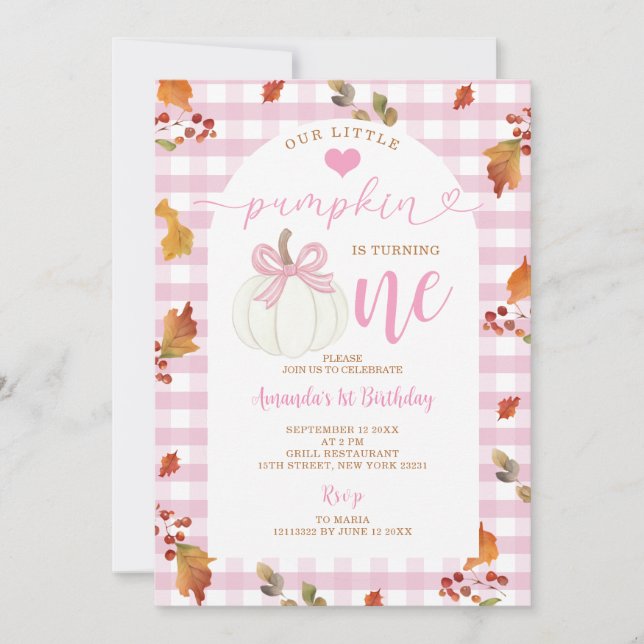 Pink Our Little Pumpkin Is Turning One Fall Autumn Invitation (Front)