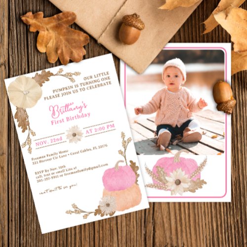 Pink Our Little Pumpkin Watercolor Photo Birthday  Invitation