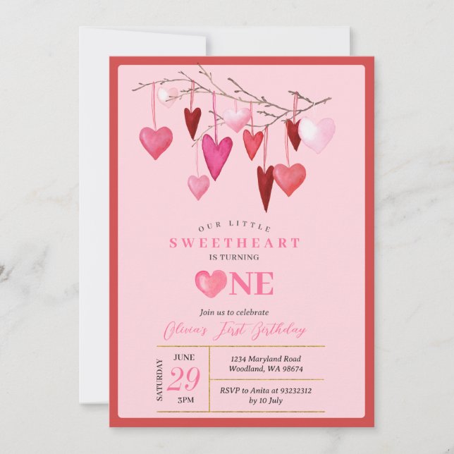 PINK Our Little Sweetheart Valentine 1st Birthday  Invitation (Front)