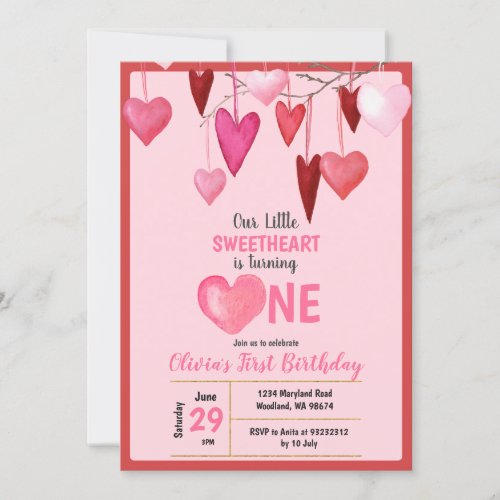 Pink Our Little Sweetheart Valentine Birthday  Invitation