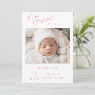 Pink Our Princess Photo Baby Birth Announcement