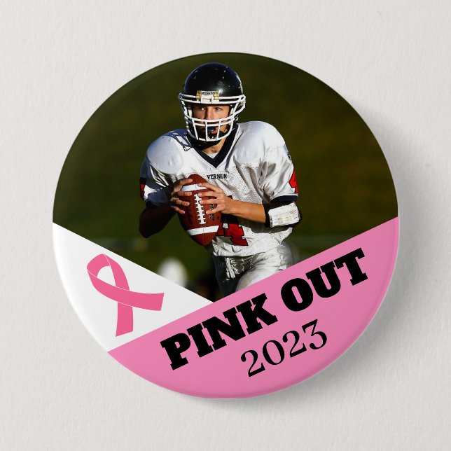 Pink Out Breast Cancer Awareness football pin (Front)