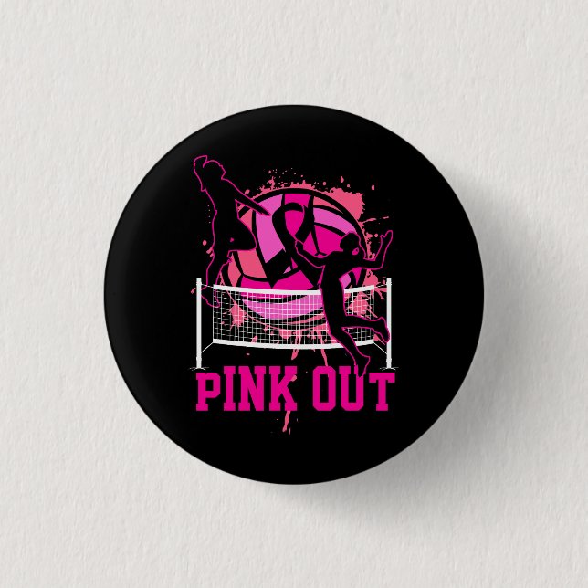 Pink Out Bump Set Spike Volleyball Breast Cancer A Button (Front)