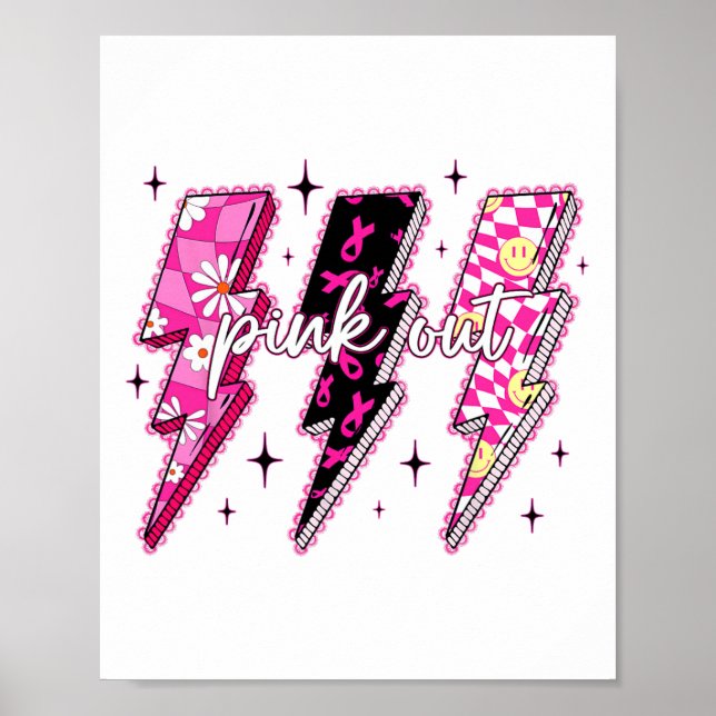 Pink Out Checkered Lightning Bolt Breast Cancer Aw Poster (Front)
