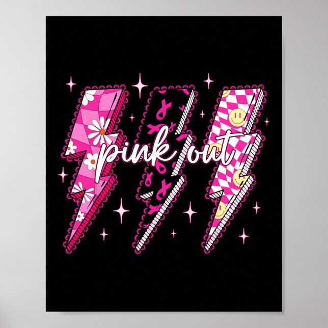 Pink Out Checkered Lightning Bolt Breast Cancer Aw Poster (Front)