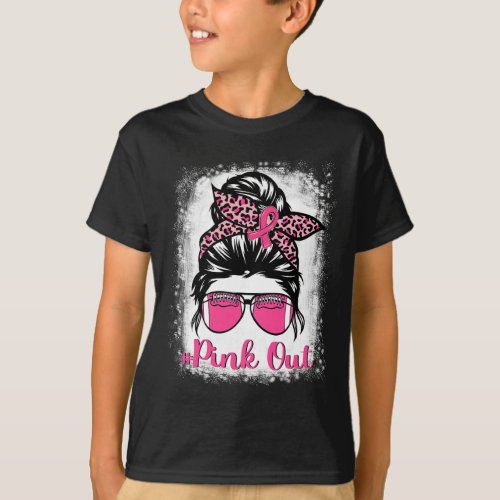 Pink Out Football Mom Messy Bun Pink Breast Cancer T_Shirt