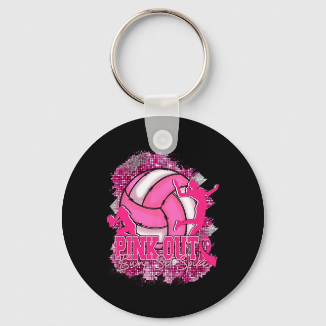 Pink Out Volleybyll Pink Ribbon Breast Cancer Awar Keychain (Front)