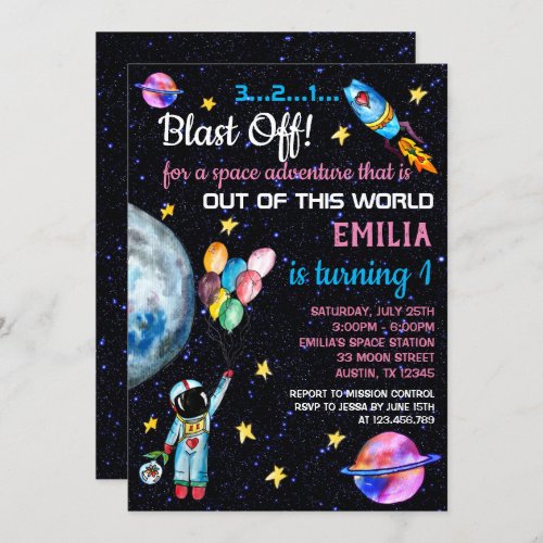 Pink Outer Space Astronaut Rainbow Balloons Rocket Invitation