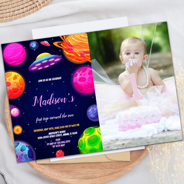 Pink Outer Space Birthday Invitation with Photo (Pink Outer Space Birthday Invitations with photo)