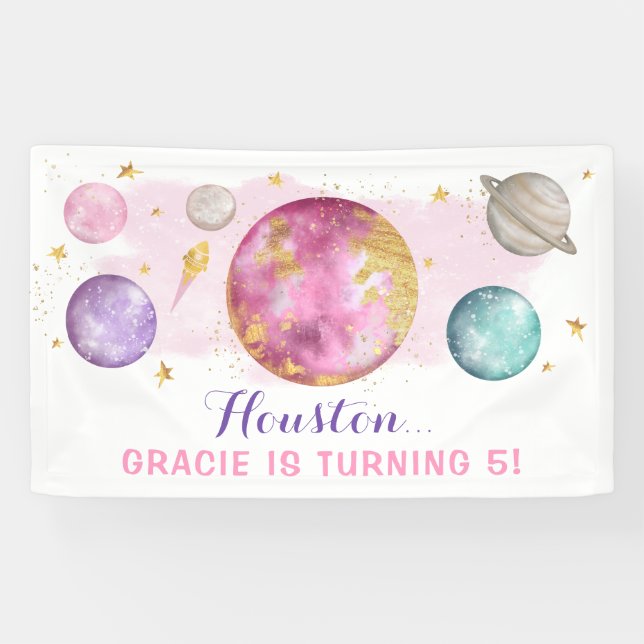 Pink Outer Space Galaxy Pink Gold Birthday Party Banner (Horizontal)