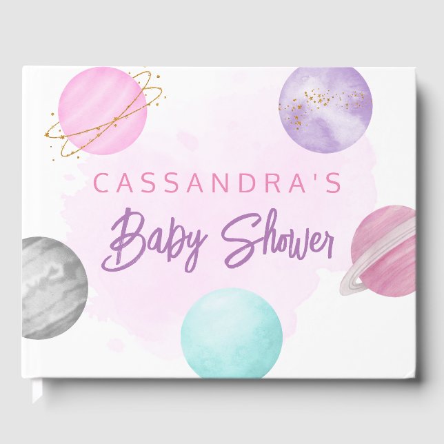 Pink Outer Space Planets Galaxy  Baby Shower  Guest Book (Front)