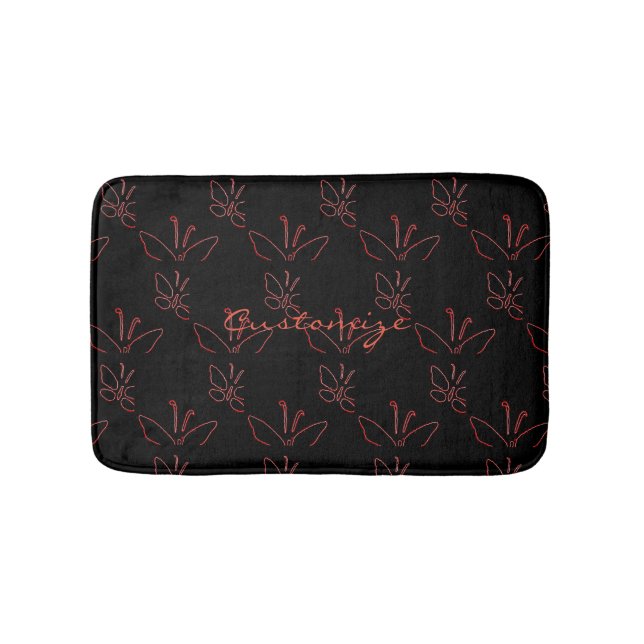 pink outline butterflies black bath mat (Front)